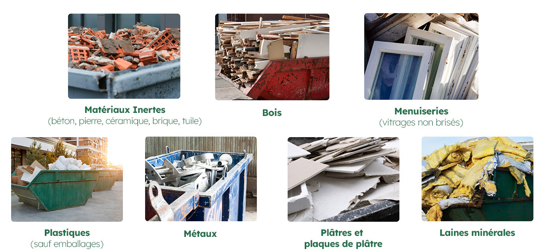 7 types de déchets : Matériaux Inerte, Bois, Métaux, Laine, Plastique, Menuiserie, Plâtre